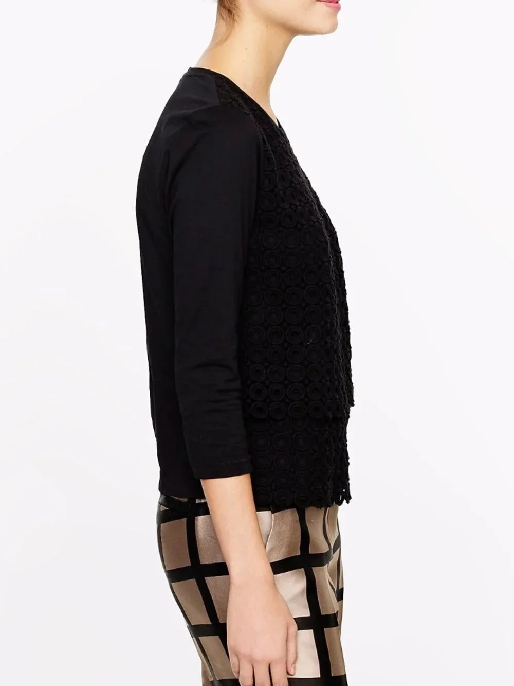 J. Crew black circle crochet lace layered tiered 3/4 sleeve cotton top
